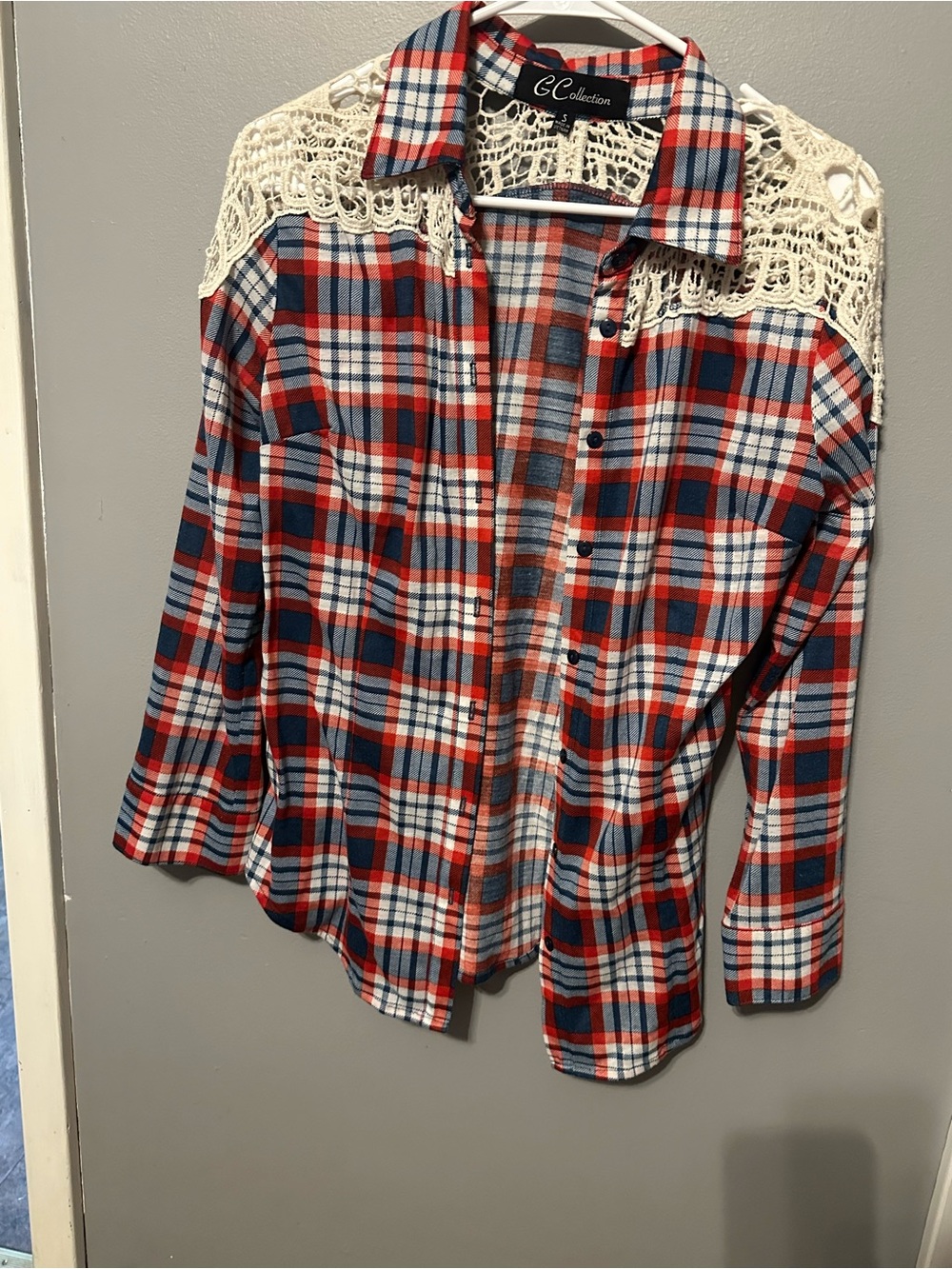 GC Collection Red, Blue & White Plaid Crochet-Yoke Button-Down Shirt